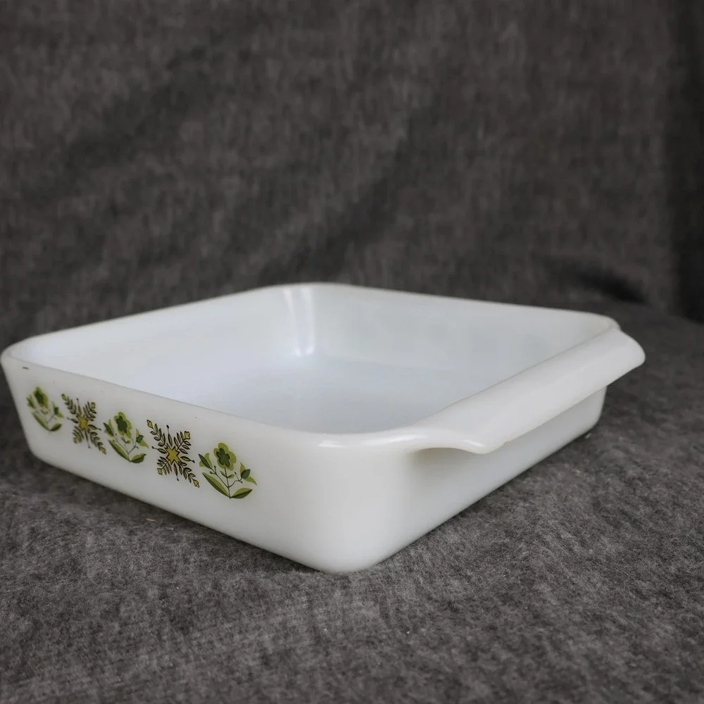 Vintage Fire-King White Glass Baking Dish 8x8 Green Floral Square USA Ovenware
